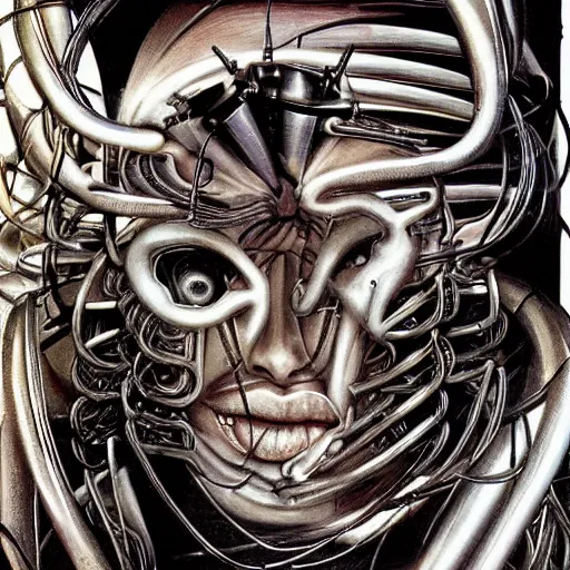 Image similar to britney spears encased in biomechanical machine, heavy conduits, complex scene, rich composition, heavy in detail, corruption, smooth, sharp focus, airbrush, illustration, symmetrical, portrait, art by h. r. giger