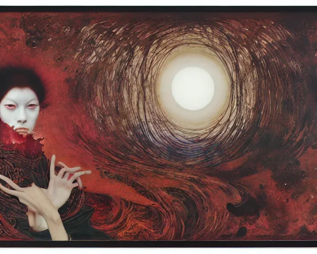 Prompt: eternal eclipse, a brutalist designed, rich deep colours, painted by francis bacon, yoshitaka amano, sebastiao salgado, julia margaret cameron, adrian ghenie, james jean and petra cortright, part by gerhard richter, part by takato yamamoto. 8 k masterpiece.