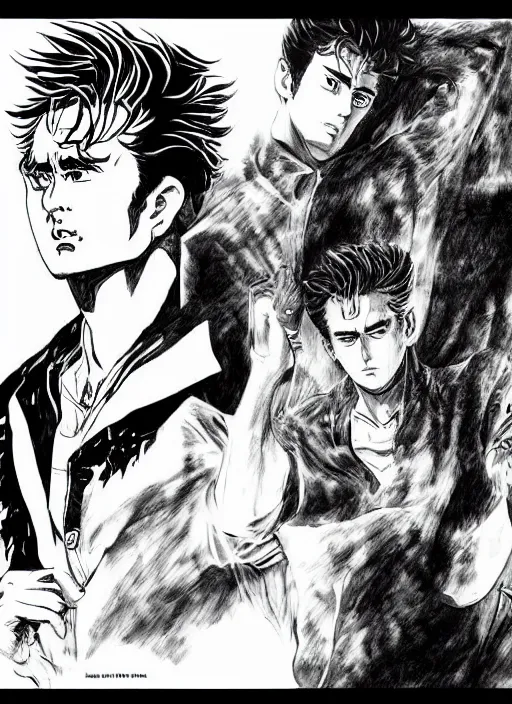 Image similar to james dean in the style of kentaro miura, james dean in berserk, detailed manga illustration, anime fantasy illustration, ink portrait