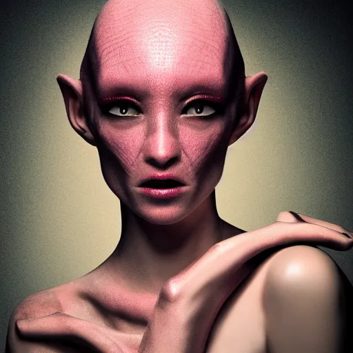 Image similar to shapeshifting space alien horror as a fashion model, 8 k fashion photography, soft lighting