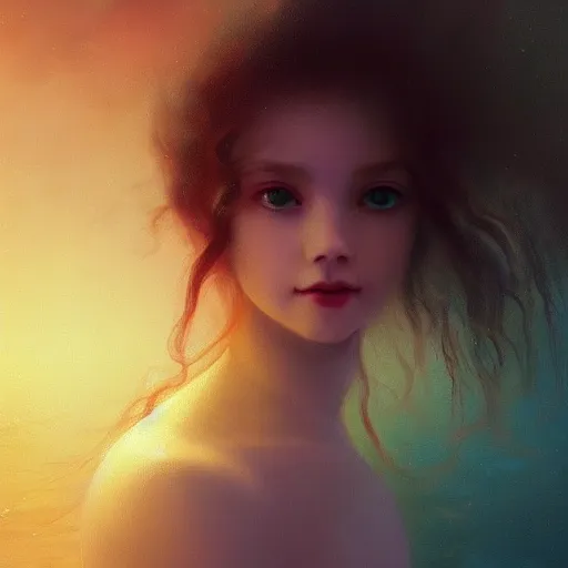 Image similar to three-quarters portrait, skin flaking off like burnt paper, different colored multicolored eyes, long flowing hair underwater, imagination cosmic dream, dreamy, 8k artgerm bokeh, award winning photography, trending on artstation, by Ivan Aivazovsky and Odilon Redon