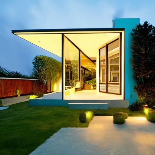Image similar to design of a garden house, modern style, vivid lighting, photorealist