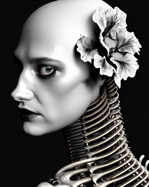 Image similar to black and white dreamy foggy smoky profile face portrait, one silver steampunk eye biomechanical beautiful young female cyclope - cyborg - robot bust, body ribs meshes,, volumetric light, hibiscus flowers, by hg giger, rim light, by dora maar and cecile beaton, big gothic fashion pearl embroidered collar, 8 k