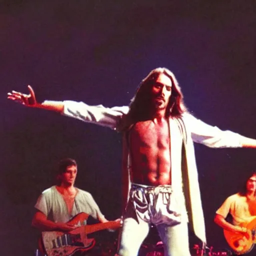 Prompt: Jesus christ, superstar, electric guitar, on stage, wings of flame