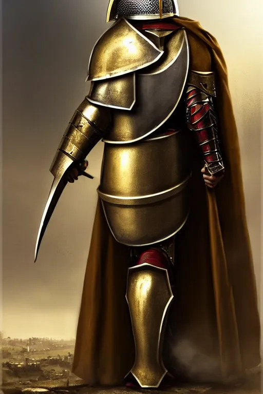 Prompt: man looking forward in iron decorated with gold christian crusader plate armor, cylindrical crusader great helm covering all his head and white cape covering his back and arm standing at the gates of jerusalem drawn by greg rutkowski realistic high detail