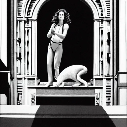 Image similar to detailed still of beautiful Ripley-Sigourney Weaver- wearing a white singlet and cat Jonesy moving apartment New York City 1983, gothic building entrance way Art Deco H.R. Giger, cinematic feel, high octane