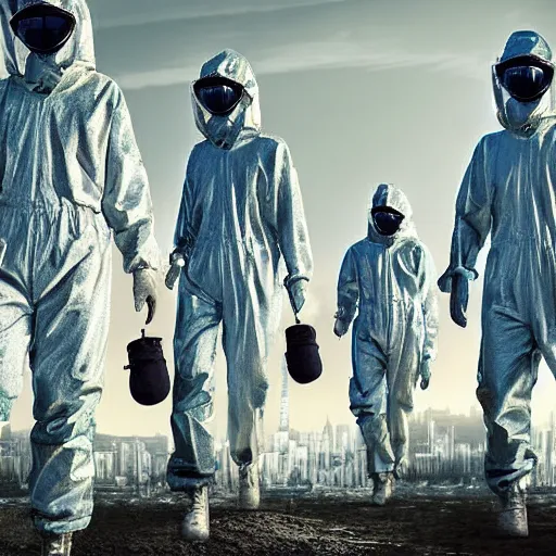 Image similar to a surreal landscape with towers in a harsh environment, a group of figures dressed in biohazard suits are walking, digital art