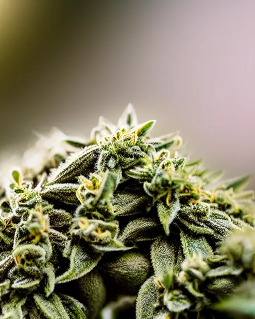 Prompt: beautiful marijuana flower with buds covered in stunning trichomes, extreme close - up highly - detailed macro photography, focus, centered, rim lighting, dslr in the style of erik christiansen