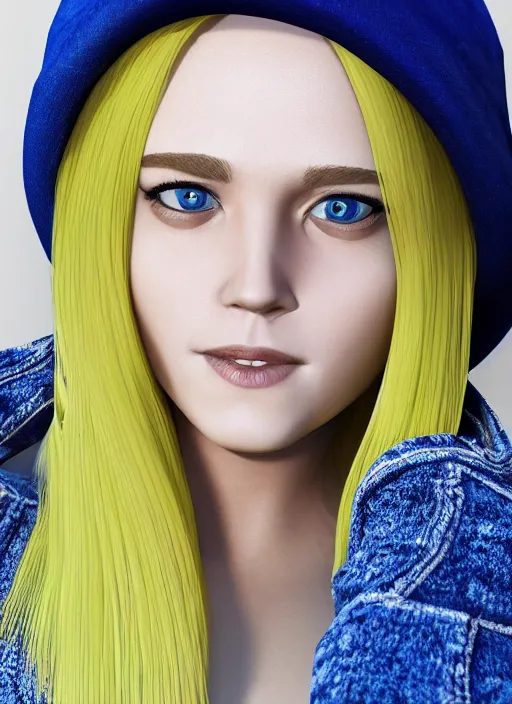Image similar to young lady, very short yellow hair, nose ring, blue hat, beig brown eyes, nose ring, volumetric lighting, detailed