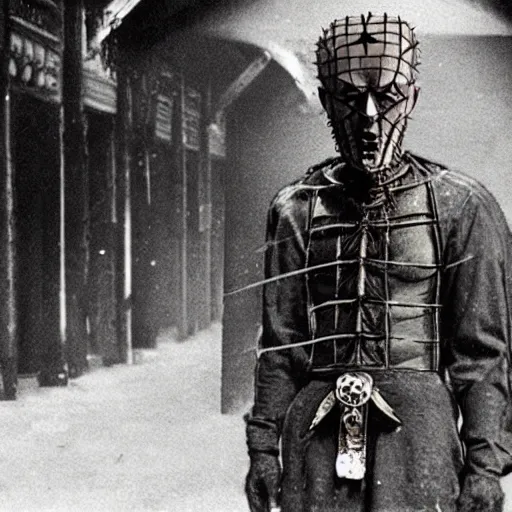 Image similar to a 1920 photography of a man with a hellraiser mask in silent hill town