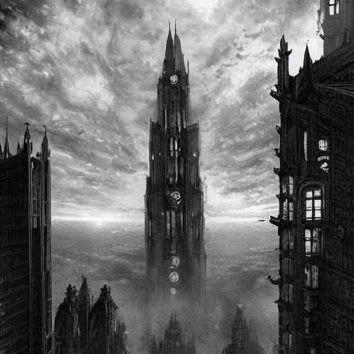 Prompt: an ultra detailed black and white tarot card of a lonely and impossibly tall ominous gothic dark tower elevated high above the city, in a river elevated high above the city, fantasy capital city, ultrawide lense, aerial photography, volumetric lighting, exquisite detail, 8 k, art by greg rutkowski and alphonse mucha