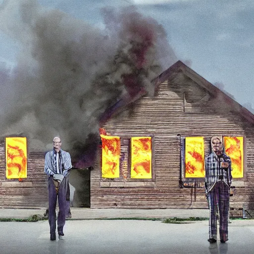 Image similar to a photo of walter white standing in front of a building on fire, highly detailed, 4 k