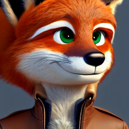 Prompt: 3 d render, anthropomorphic fox, male, in a brown leather maxi jacket, in the style of zootopia, closeup, artstation