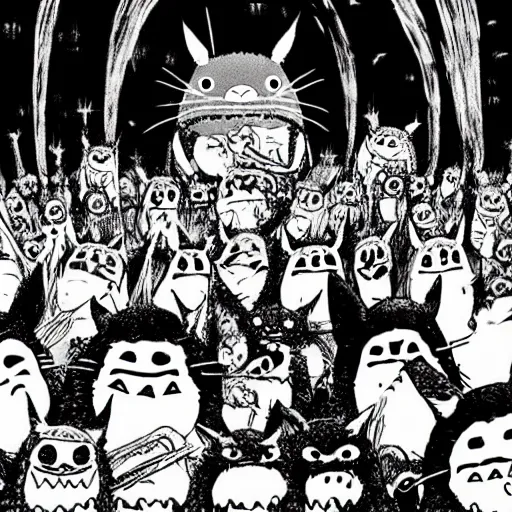 Image similar to totoro in a black metal band in a concert, dressed like band metal kiss, marduk, mayhem, burzum, inmortal, a crowd cheering, a drummer, electric guitar, sparkles all around, fantasy digital art, wow, stunning, ghibli style, hight quality