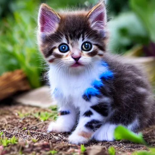 Prompt: A high-quality photo of a tiny kitten with tie-dyed fur in the garden, depth of field, cute, fluffy