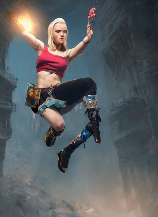 Image similar to An epic fantasy comic book style portrait painting of an athletic blonde female thief dancing, unreal 5, DAZ, hyperrealistic, octane render, cosplay, RPG portrait, dynamic lighting