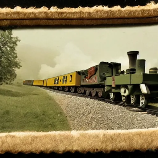 Image similar to german world war two artillery train with thomas the tank engine's face, old worn photograph