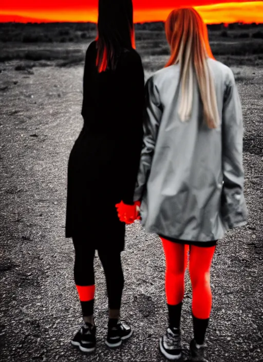 Image similar to cinestill 5 0 d photographic portrait of 2 women holding hands, wearing black techwear in front of a brutalist brushed metal building, closeup, on a desolate plain with a red sky, dystopia, cyberpunk, closeup, depth of field, 4 k, 8 k, hd, full color