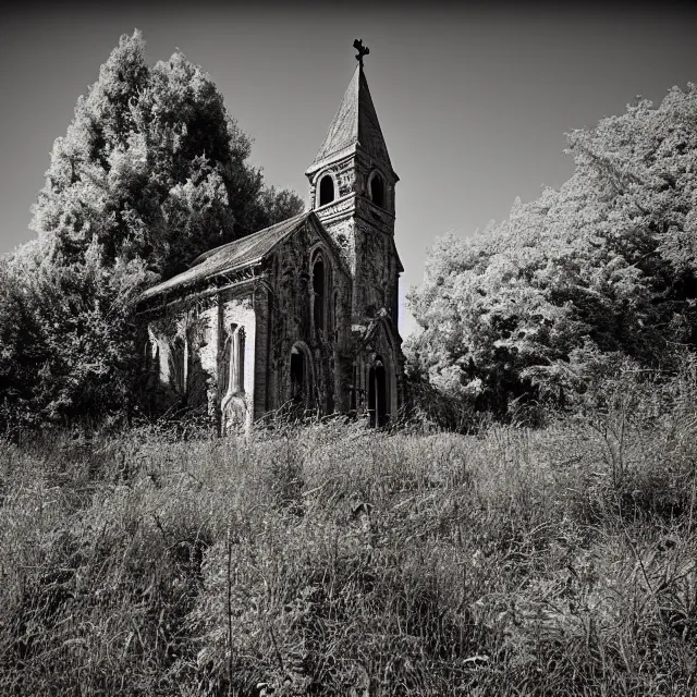 Image similar to abandoned church with overgrown vegetation, vintage infrared photograph