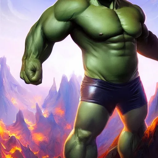 Image similar to characters portrait of Hulk mixed with Darkseid by ArtGerm and Tom Bagshaw, merged character, Full body shot, cinematic opening shot, 4k, highly detailed, cinematic lighting