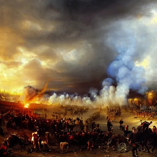 Image similar to Highly detailed and cinematic romantic period oil painting of the battle of Waterloo, with a detailed and realistic tardis from dr who, strong atmosphere, oil painting masterpiece by Josep Tapiró Baró, dynamic lighting, 8K