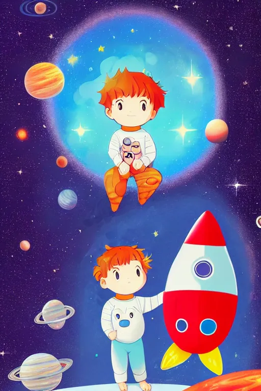 Prompt: a beautiful boy in pajamas and a bear, next to them a ship in the form of a space rocket in the background a galaxy full of stars, a planet full of holes, magic world. colorful, children's book cover, high detail illustration, sharp high detail, manga and anime