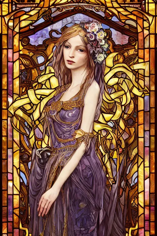 Prompt: breathtaking detailed soft painting of a bride with golden ribbons in gondor, art nouveau golden rose flowers floating around sacre coeur, detailed symmetrical facial features, hyper detailed fire stained glass windows, volumetric lighting, concept art, matte, sharp focus, art by matchach, celestialfang