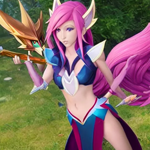 Prompt: star guardian xayah and star guardian kai'sa as friends together, league of legends, by weta digital, 3 - dimensional, realistic