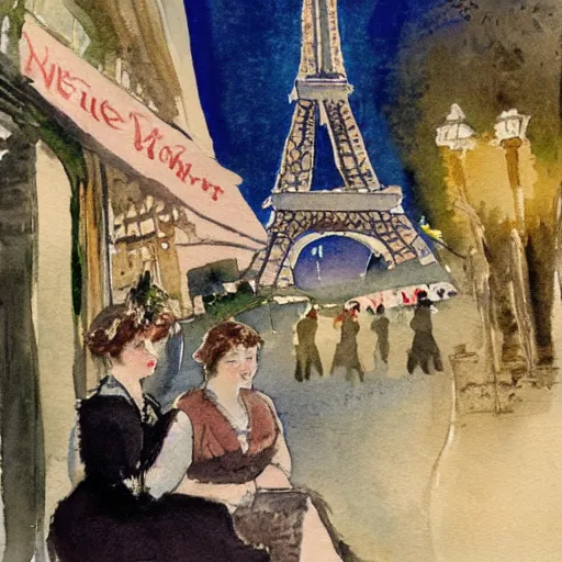 Image similar to two young edwardian women sit outside a cafe in paris at night, the moon is in the sky, the eiffel tower is visible in the background, realistic watercolour