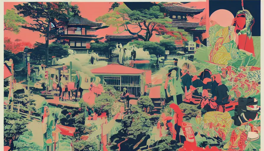 Image similar to Japan rural splendor touring travel c2050, surrealist psychedelic photo-collage painting spot illustration in the style of Newsweek magazine, +81 magazine, minimalist clinical white negative space, clinical muted deep neon color, spot color and metallic inks clean slick design