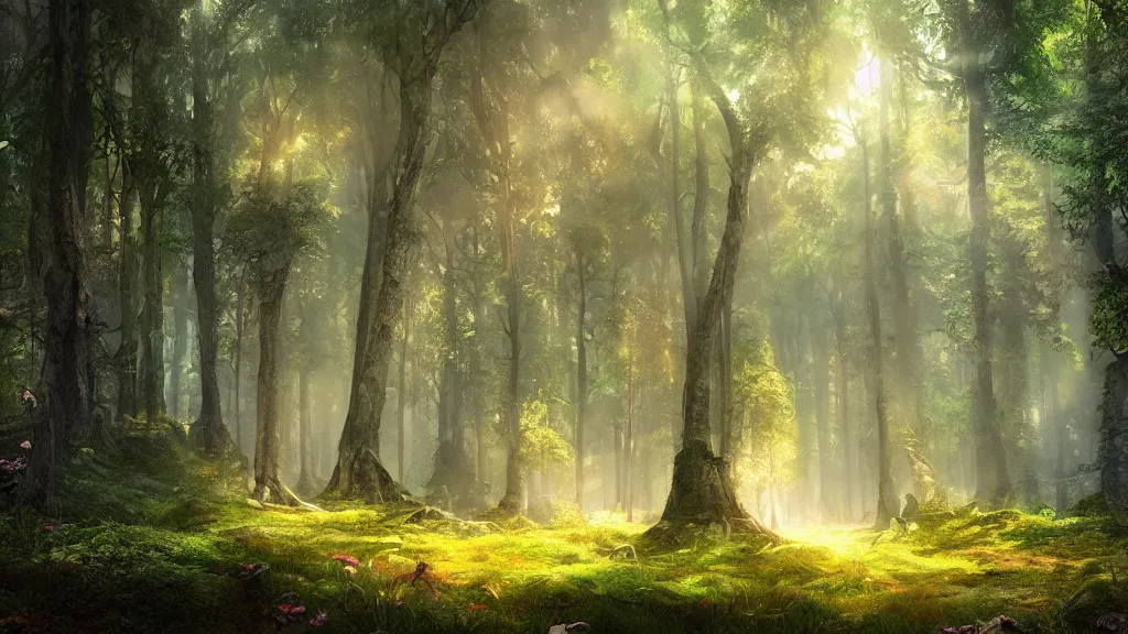 Prompt: a beautiful forest, volumetric lighting, jubilant blissful atmosphere, photorealistic, hyperdetailed 3d matte painting, hyperrealism, vibrant fantasy style