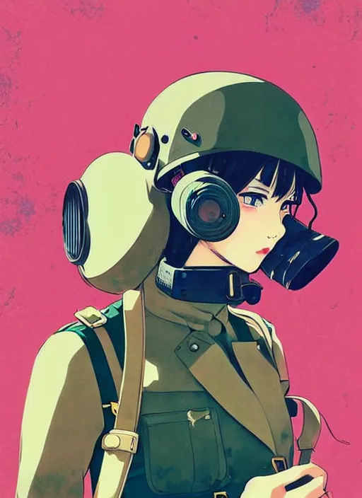 Prompt: singular girl with wearing ww 2 gas mask, ww 2 uniform, very anime!!! anime!! intricate details, aesthetically pleasing pastel colors, poster background, art by conrad roset and ilya kuvshinov