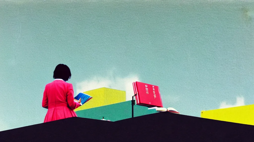 Image similar to a book reader at moerenuma park in sapporo, japan, a collage painting, in the style of wes anderson, lola dupre, david hockney, isolated on negative white space background dark monochrome neon spraypaint accents volumetric octane render