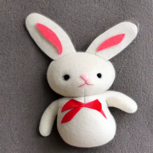 Image similar to a cute elegant felt plush doll of a rabbit wearing overalls