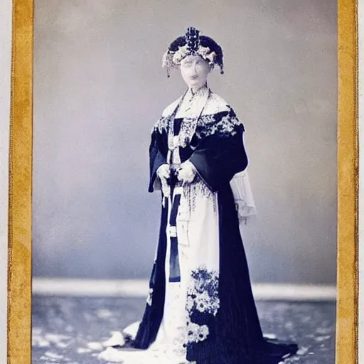 Prompt: A 1907 photograph from the official wedding photographer for the royal wedding features a wide full shot, coloured black and white Russian and Japanese mix historical fantasy portrait of the empress in her white floor-length bridal gown that fades into a bright blue at the bottom.