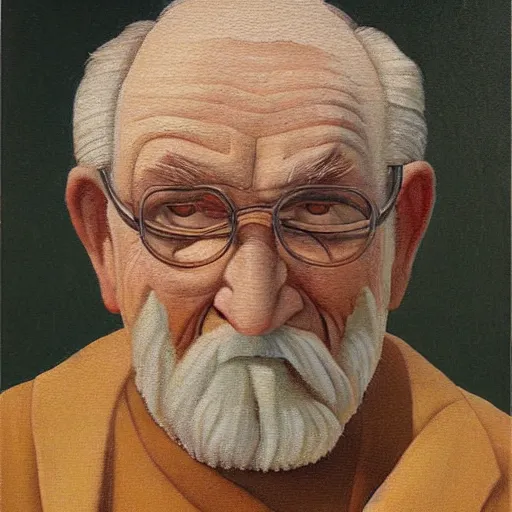 Prompt: detailing character portrait painting of old man by Grant Wood, on simple background, painting, middle close up composition