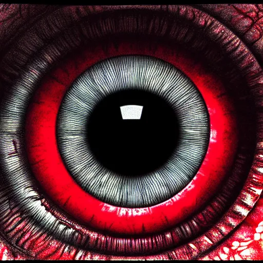 Image similar to a detailed extremely close up of inside the iris, cornea, red image, microscopic, extremely close up drawing by junji ito, cgsociety, generative art, lovecraftian, parallax, cosmic horror, extremely detailed, hyperrealism, unreal engine, octane render, award winning, masterpiece, highly detailed, realistic, 4 k, digital