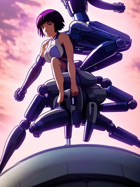 Image similar to a fullbody action still of motoko kusanagi riding on top of a tachikoma, the major ghost in the shell : : stand alone complex, under repairs, maintenance : : by ilya kuvshinov, rossdraws, artgerm, sola digital arts, anti aliasing, raytracing : :