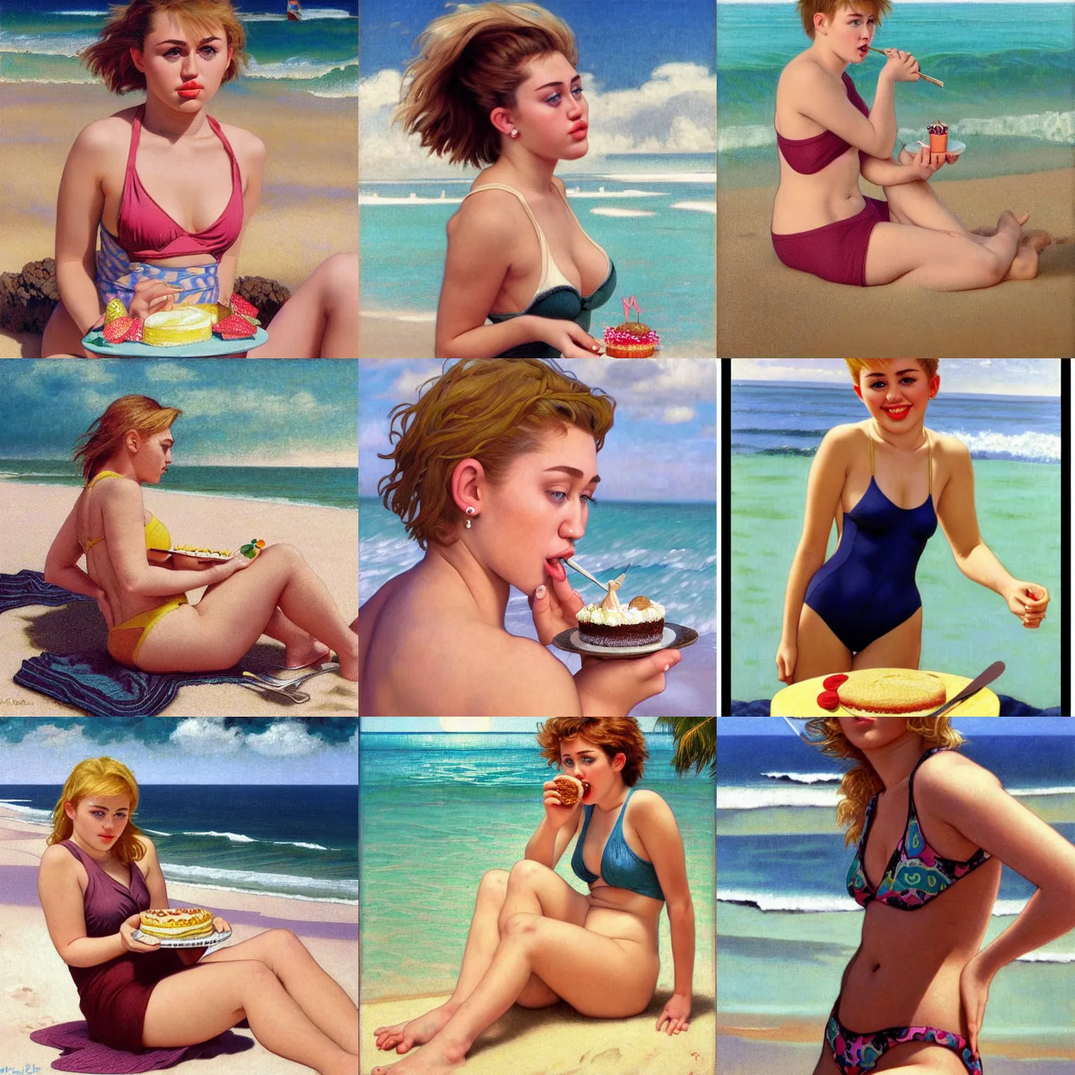 Prompt: portrait of 2 0 years old plump miley cyrus in swimsuit eating cake on a beach, intricate, hyperdetailed, photorealistic, diffuse lighting, hdrp, artstation, unreal 5, smooth, textless, sharp focus, art by john collier, albert aublet, krenz cushart, artem demura, alphonse mucha