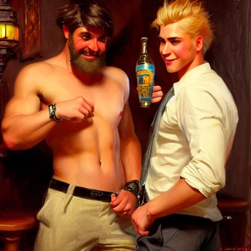 Prompt: attractive maculine male with brunet hair and attractive masculine male with blond hair. pants and shorts, drinking their hearts out, having fun, in a pub. highly detailed and very defined painting by gaston bussiere, j. c. leyendecker, craig mullins 8 k