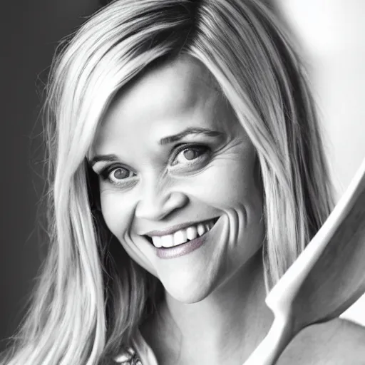 Prompt: reese witherspoon, holding a spoon, wooden spoon, cutlery, photography, smiling, portrait, soft focus