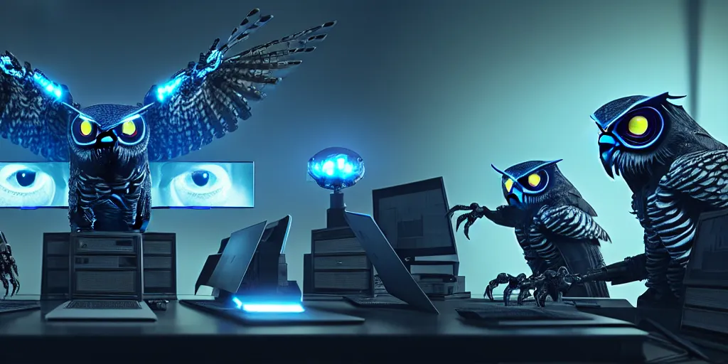 Prompt: an giant evil, malevolent, cyborg owls looking at a computer, surrounded by computer screens. this 4 k hd image is trending on artstation, featured on behance, well - rendered, extra crisp, features intricate detail and the style of unreal engine. volumetric lighting octane render