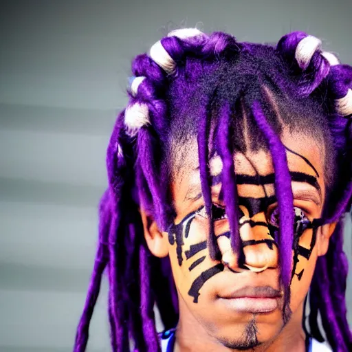 Prompt: a boy with purple dread hair, in trap show, close up