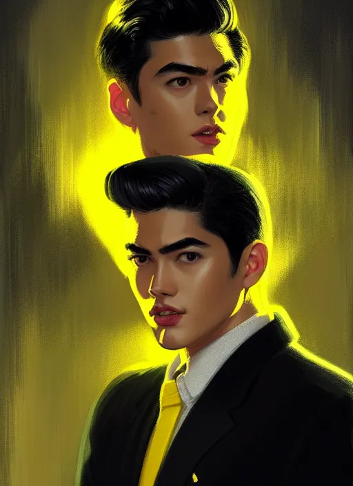 Image similar to portrait of young reggie mantle, mean smirk, egotistical, slicked back hair, striped yellow and black sweater, 1 9 5 0 s, intricate, elegant, glowing lights, highly detailed, digital painting, artstation, concept art, smooth, sharp focus, illustration, art by wlop, mars ravelo and greg rutkowski