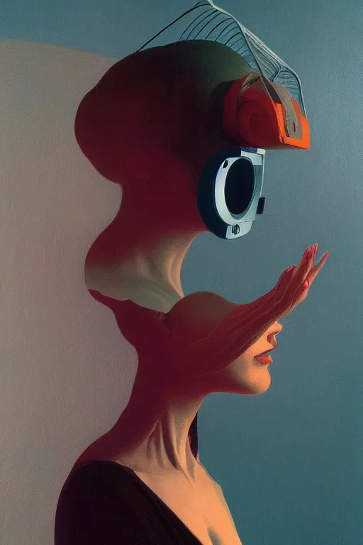 Prompt: woman wearing Oculus and digital glitch head Edward Hopper and James Gilleard, Zdzislaw Beksisnski, higly detailed