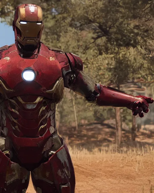 Image similar to robust and bulky iron man suit in red dead redemption 2, cinematic, photorealistic