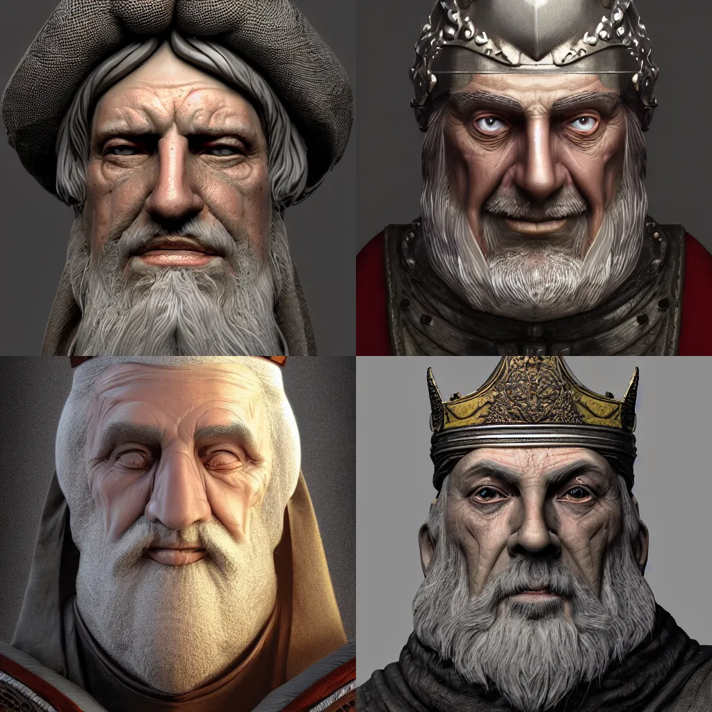 Prompt: portrait medieval old king, by johannes helgeson animated with vfx concept artist & illustrator global illumination ray tracing hdr fanart arstation zbrush central hardmesh 8 k octane renderer comics stylized