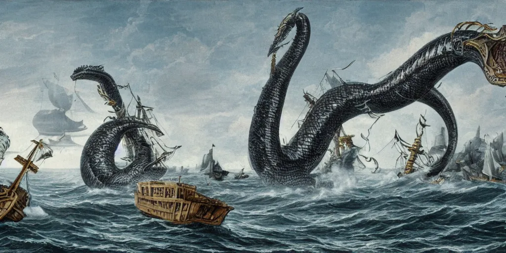 Prompt: the great sea serpent cadborosaurus fighting a ship