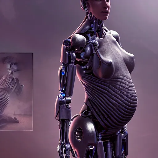 Image similar to pregnant female cyborg, robot anatomy elements, female body elements, cozy atmospheric and cinematic lighting, ultra rendered extreme realism and detail, 8 k, linear gamma, dynamic pose, dissolution filter, turbulence filter, sophisticated composition, old masters light composition, procedurally generated, pbr, in style of old masters, photorealistic, full length, sharp focus,