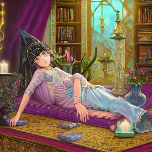 Image similar to a highly detailed fantasy pastel painting of a young wizard in ornate clothing lounging on a purpur pillow on the marble floor in front of her bookcase, studying an ancient tome. to the side is a potted plant and some blue candles. ancient oriental retrofuturistic setting. 4 k key art in the style yoshitaka amano